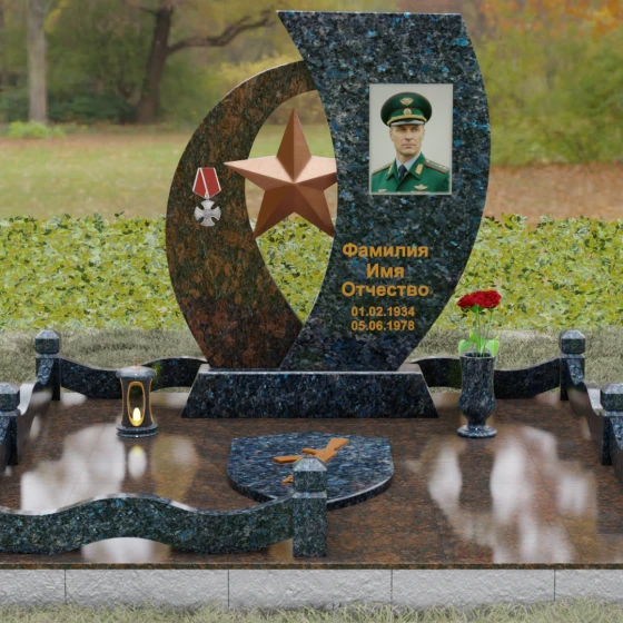 Вертикальный комбинированный памятник на одного в Ханты — Мансийске, гранит Блю Перл, вид 2, в Ханты-Мансийске