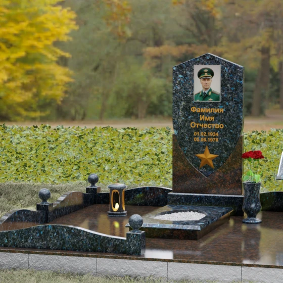 Вертикальный Комбинированный памятник на одного в Салехарде, гранит Блю Перл, вид 4