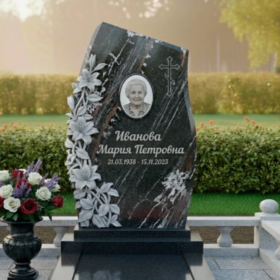 Православный гранитный памятник «Асимметричная арка» с лилиями, гранит амфиболит