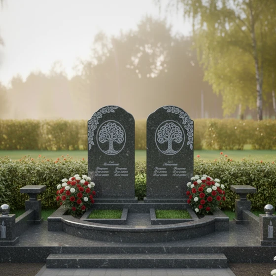 Двойной памятник — арка с Древом Жизни, гранит Габбро-диабаз