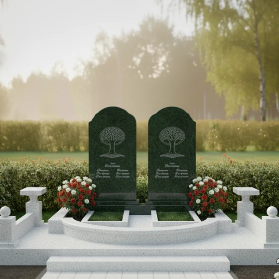 Двойной памятник — арка с Древом Жизни, гранит Балтик грин