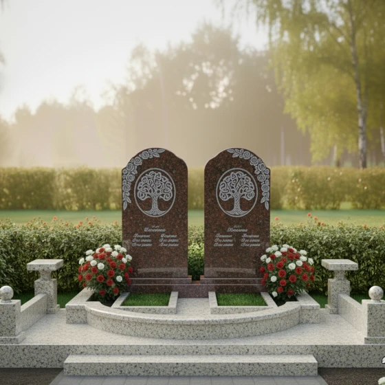 Двойной памятник — арка с Древом Жизни, гранит Лезниковский