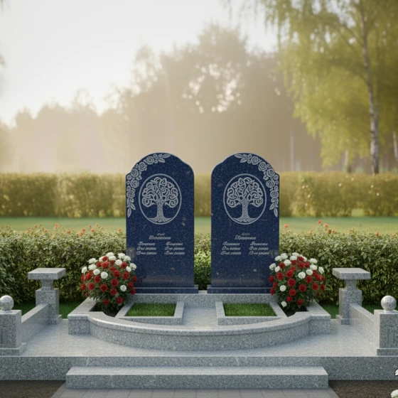 Двойной памятник — арка с Древом Жизни, гранит Блю Перл