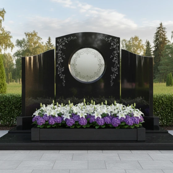 Гранитный памятник — свиток с круглой нишей, гранит Габбро-диабаз, в Москве