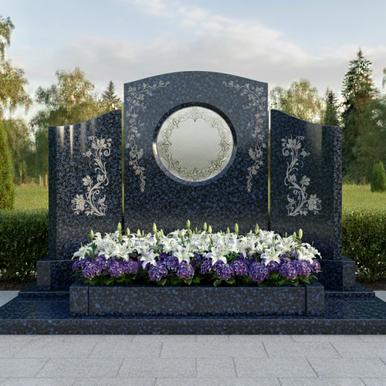Гранитный памятник — свиток с круглой нишей, гранит Блю Перл, в Москве