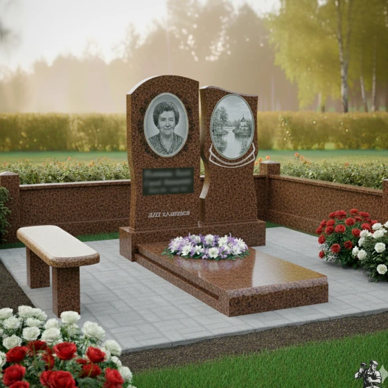 Двойной памятник с пейзажем и орнаментом, гранит амфиболит, в Москве