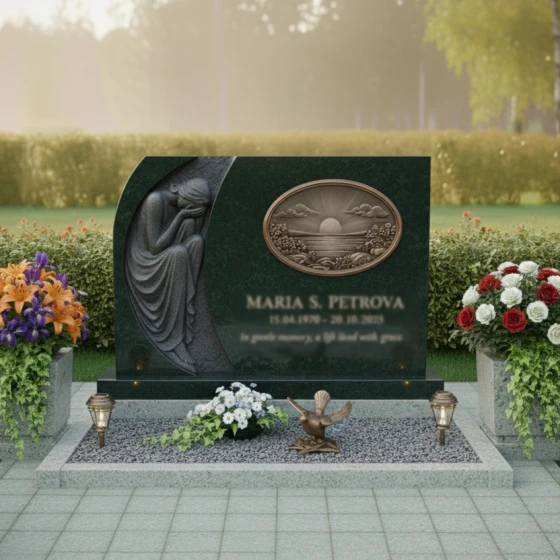 Элитный горизонтальный памятник из гранита или металла в Перми, гранит Балтик грин