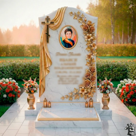 Православный гранитный памятник с крестом в Перми, мрамор Тассос