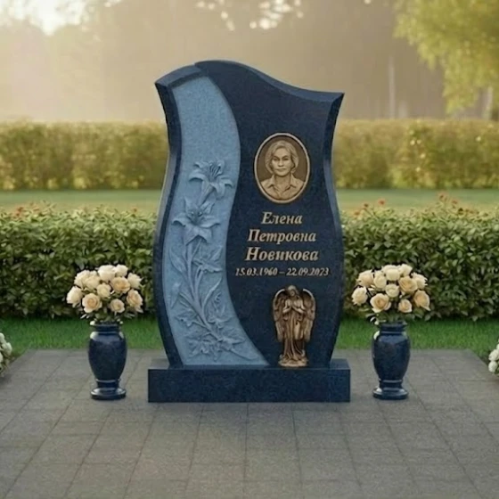 Комбинированный вертикальный памятник в Ижевске, гранит Блю Перл