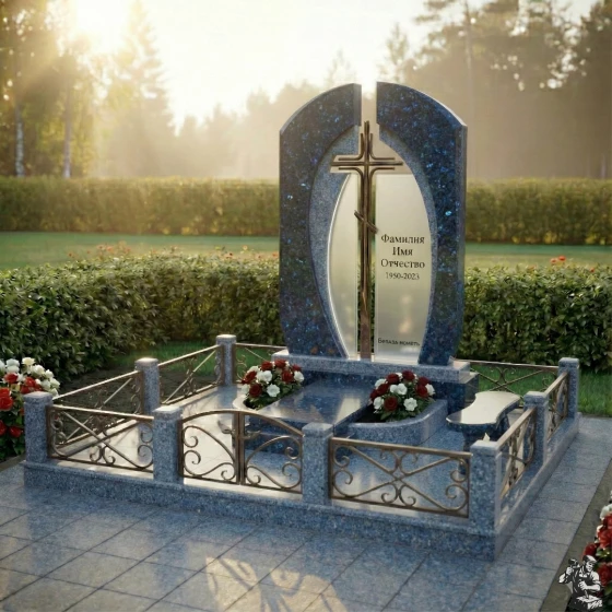 Памятник из гранита, стекла и металла с крестом в Салехарде, гранит Блю Перл