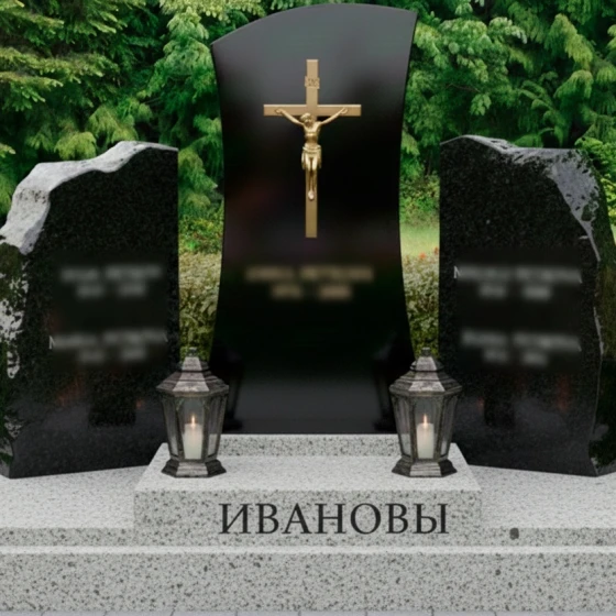Гранитный вертикальный православный мемориал для двоих в Перми, гранит Габбро-диабаз