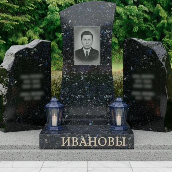 Гранитный вертикальный православный мемориал для двоих в Перми, гранит Блю Перл