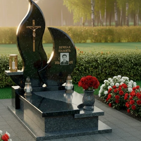 Православный гранитный памятник с крестом и комплексом в Воронеже, гранит амфиболит