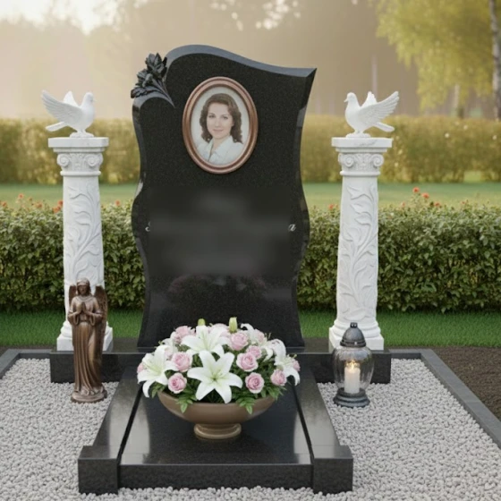 Гранитная стела с волнообразной формой и розой, гранит Габбро-диабаз, в Москве