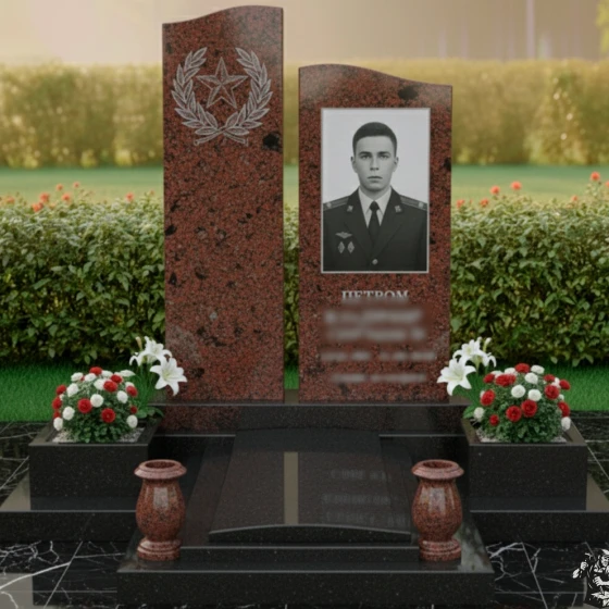 Гранитный мемориал из двух стел со звездой и венком, гранит Лезниковский