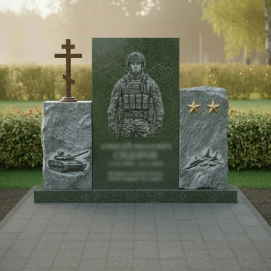 Православный памятник из гранита и металла с комплексом в Саратове, гранит Балтик грин