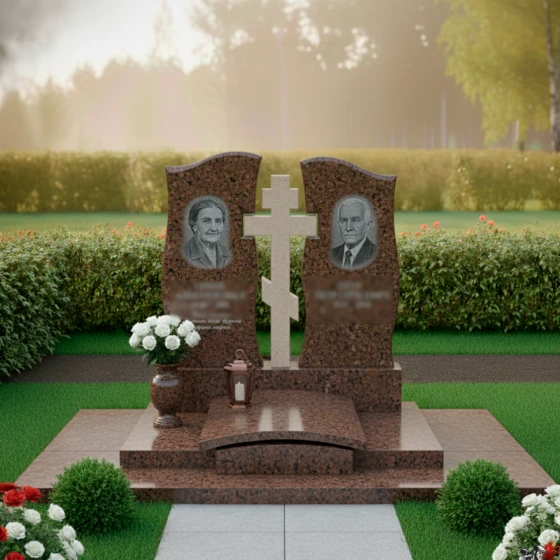 Элитный мраморный вертикальный памятник для двоих в Перми, гранит Дымовский