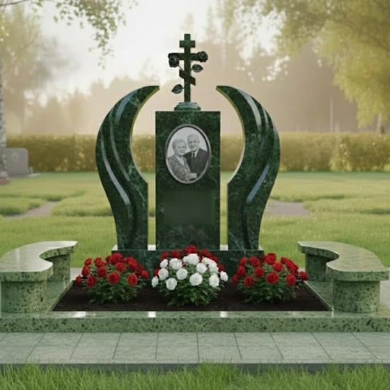 Гранитный памятник для двоих с крестом в Набережных Челнах, гранит Балтик грин
