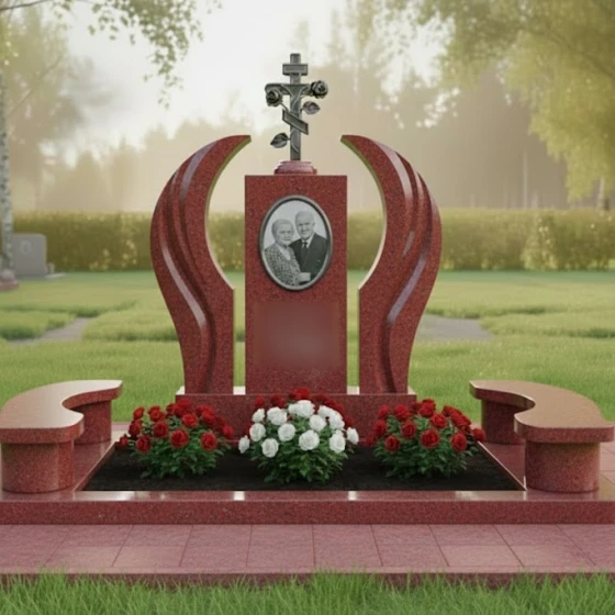 Гранитный памятник для двоих с крестом в Набережных Челнах, гранит Лезниковский