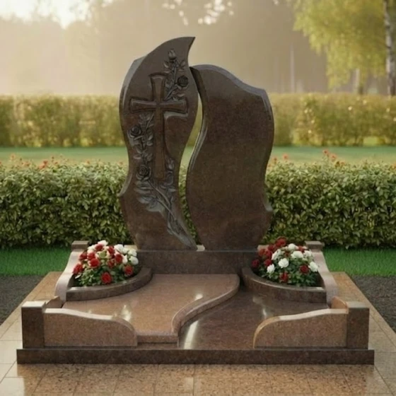 Гранитный памятник для двоих с крестом в Новокузнецке, гранит Дымовский