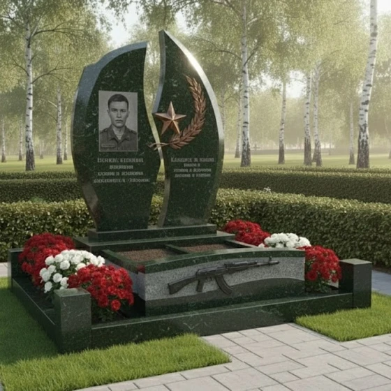 Гранитный памятник для одного человека в Перми, гранит Балтик грин