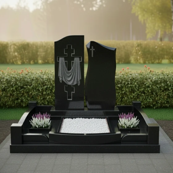 Вертикальный элитный гранитный памятник с крестом в Оренбурге, гранит Габбро-диабаз