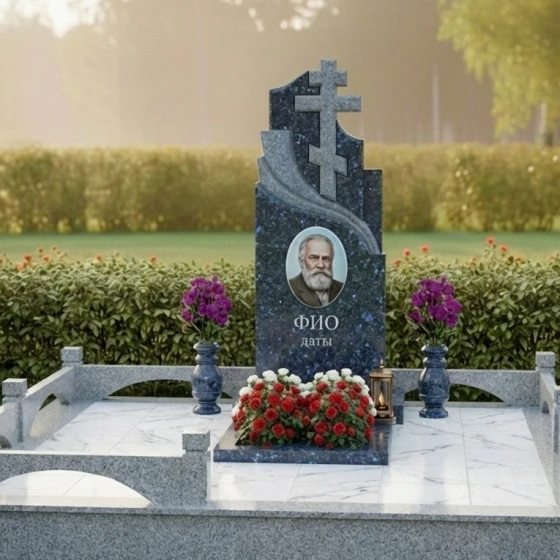 Элитный православный гранитный вертикальный памятник в Перми, гранит Блю Перл