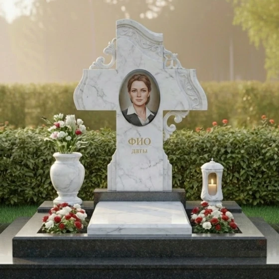 Вертикальный памятник с крестом и розами, мрамор Тассос, в Краснодаре