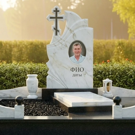 Элитный гранитный памятник с крестом в Казани, мрамор Тассос