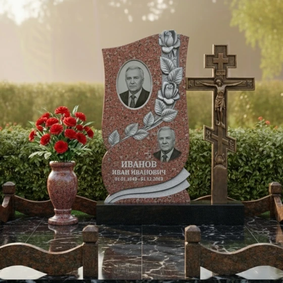 Гранитный памятник для мемориального комплекса с крестом в Перми, гранит Лезниковский