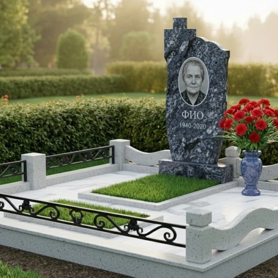 Гранитный памятник с православным крестом для мемориального комплекса в Перми, гранит Блю Перл