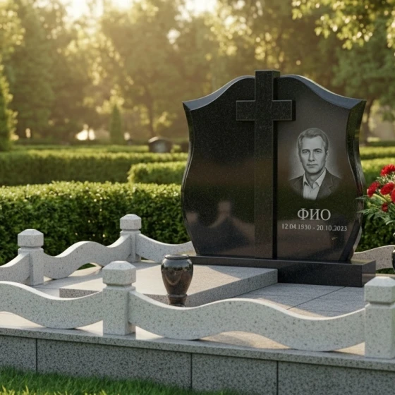 Вертикальный гранитный памятник с крестом для мемориального комплекса в Тюмени, гранит Габбро-диабаз