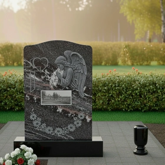 Гранитный памятник с православным крестом для мемориального комплекса в Перми, гранит амфиболит