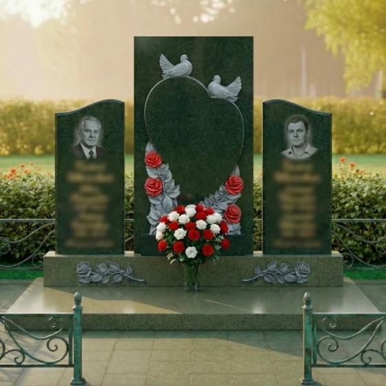 Гранитная мемориальная композиция с сердцем и голубями, гранит Балтик грин