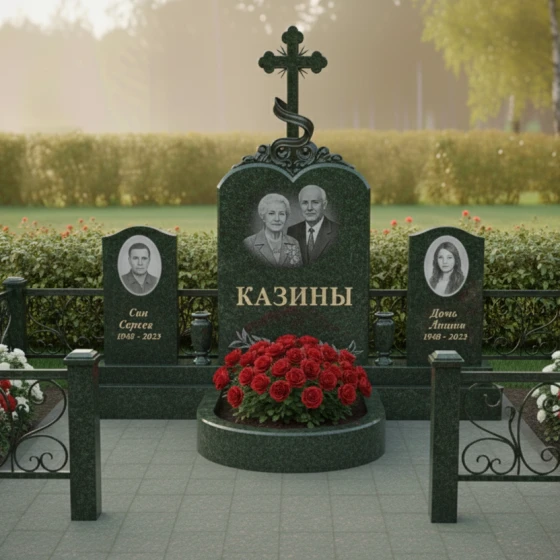 Гранитный вертикальный памятник с крестом в Оренбурге, гранит Балтик грин