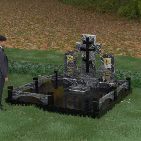 Вертикальный православный памятник на двоих из гранита/мрамора в Кемерово, гранит амфиболит, вид 4