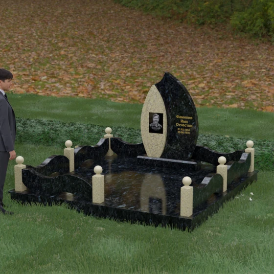 Вертикальный гранитный памятник-лепесток с контрастной полировкой, гранит Блю Перл, вид 4