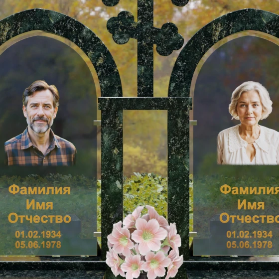 Православный памятник с крестом на двоих в Перми, гранит Балтик грин