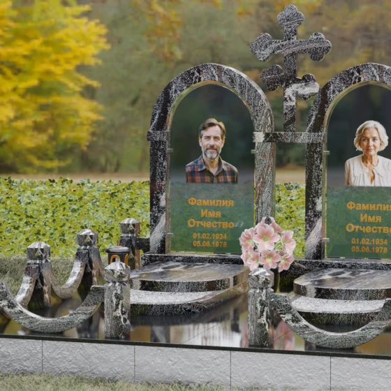 Православный памятник с крестом на двоих в Перми, гранит амфиболит, вид 4