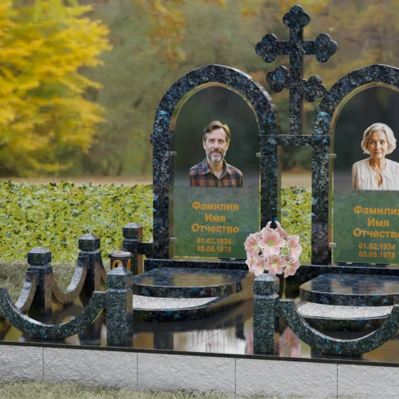 Православный памятник с крестом на двоих в Перми, гранит Блю Перл, вид 4