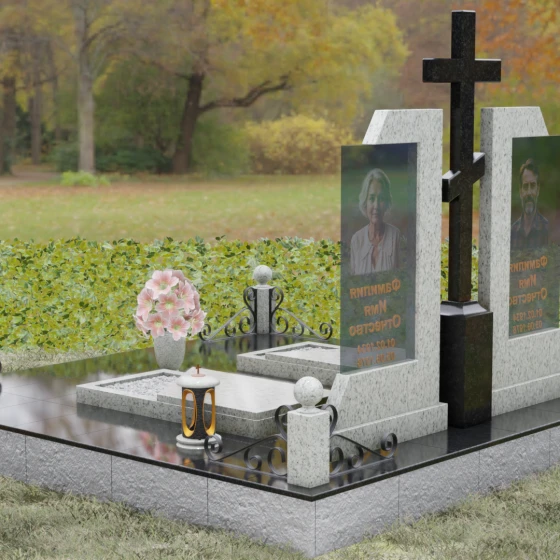 Православный памятник из гранита и стекла с крестом в Казани, гранит Мансуровский, вид 3