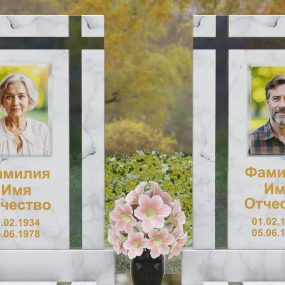 Вертикальный памятник гранит — стекло с крестом в Набережных Челнах, мрамор Тассос