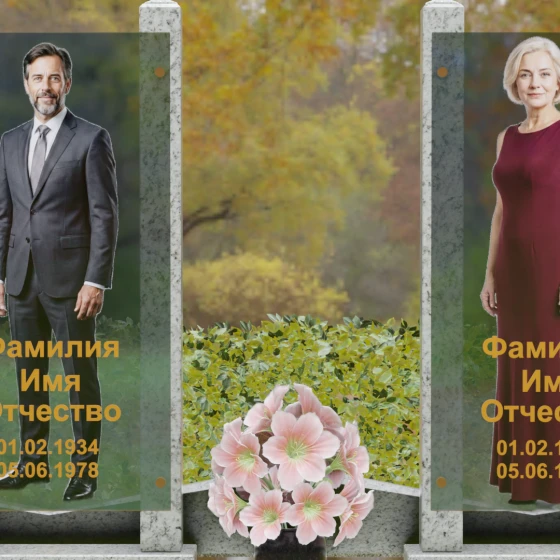 Вертикальный памятник гранит|стекло на двоих в Ханты — Мансийске, гранит Мансуровский, в Ханты-Мансийске