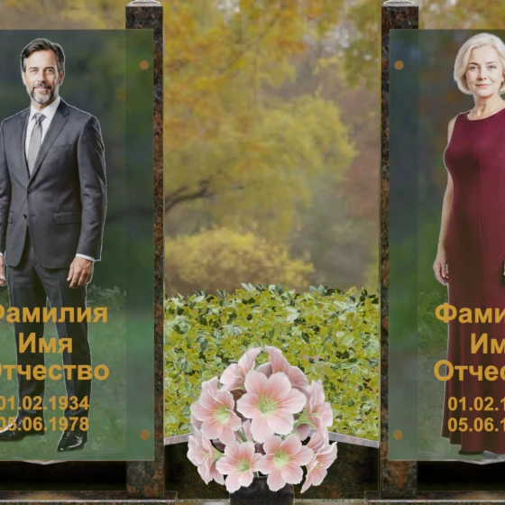 Вертикальный памятник гранит|стекло на двоих в Ханты — Мансийске, гранит Дымовский, в Ханты-Мансийске
