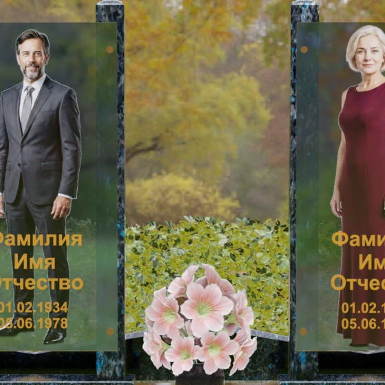 Вертикальный памятник гранит|стекло на двоих в Ханты — Мансийске, гранит Блю Перл, в Ханты-Мансийске