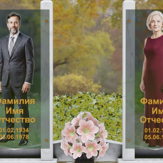 Вертикальный памятник гранит|стекло на двоих в Ханты — Мансийске, мрамор Тассос, в Ханты-Мансийске