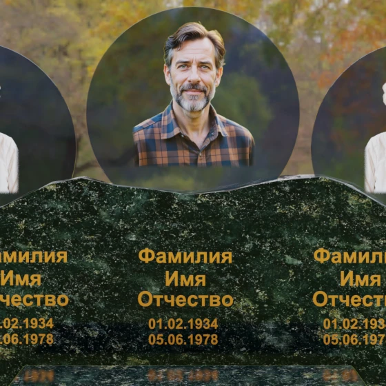 Горизонтальный гранитный памятник для троих в Казани, гранит Балтик грин
