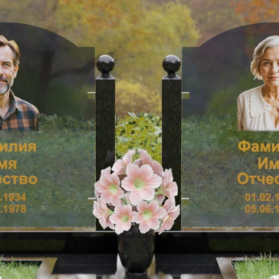 Горизонтальный комбинированный памятник для двоих в Казани, гранит Габбро-диабаз