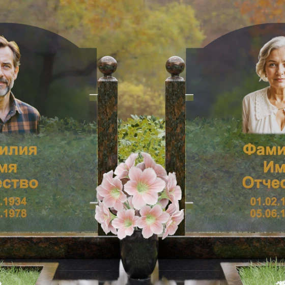 Горизонтальный комбинированный памятник для двоих в Казани, гранит Дымовский
