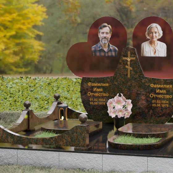 Православный памятник с крестом на двоих в Перми, гранит Дымовский, вид 4